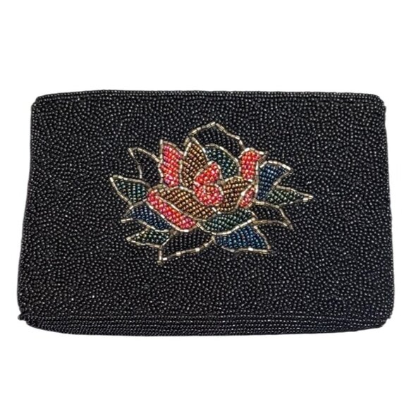 Vintage La Regale Ltd Hand Beaded Floral Clutch Zip Top Silk Lined Evening Bag - Picture 2 of 9